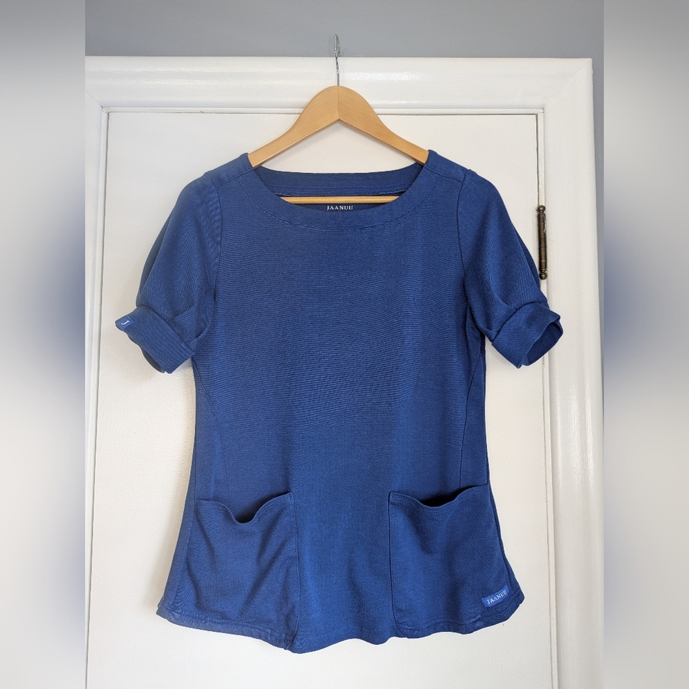 Jaanuu Puff Sleeve Scoop Neck Soft Touch Scrub Top Heathered Royal Blue Medium
